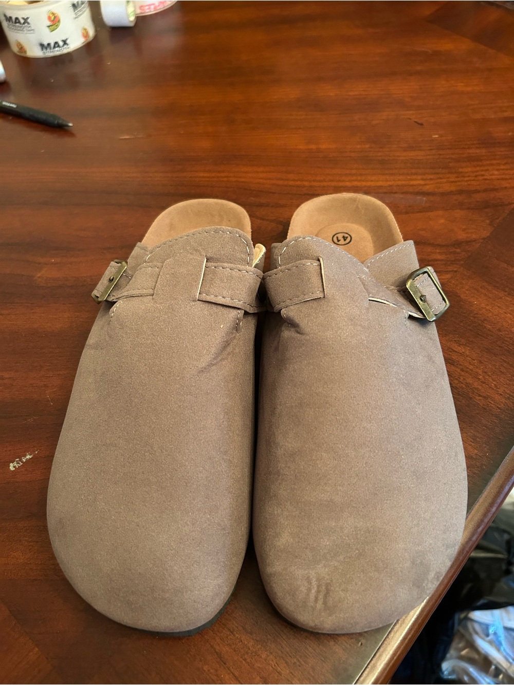 Men’s Taupe Suede Clogs with Buckle, size Euro 41, US 8/8.5, new without box